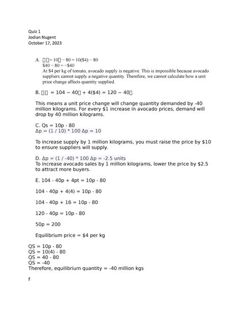 Microeconomics Quiz 1 Ahhh Quiz 1 Jodian Nugent October 17 2023 A