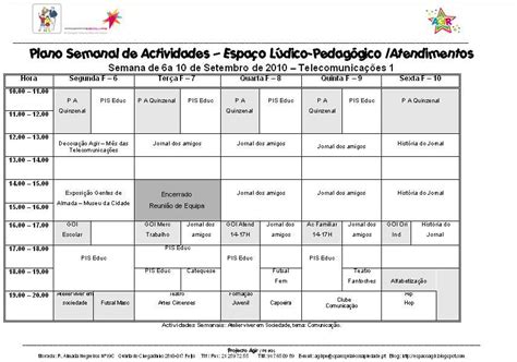 Espaço Agir Plano Semanal De Actividades 6 A 10 De Setembro