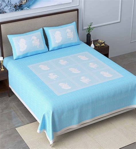 Buy Blue Traditional 400 Tc 100 Cotton King Sized Bed Sheets With 2