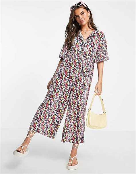 Asos Design Plisse Smock Jumpsuit In Bright Floral Print Asos