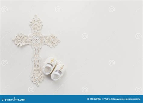 Christening Background with Baptism Baby Shoes, and Cross on Pastel ...