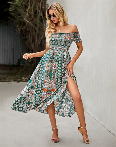 Boho Floral Off Shoulder Split Long A Line Beach Dress Sunnybikinis