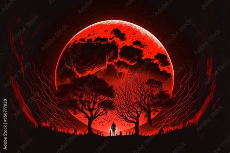 Blood moon, total lunar eclipse. Generative AI. Stock Illustration ...