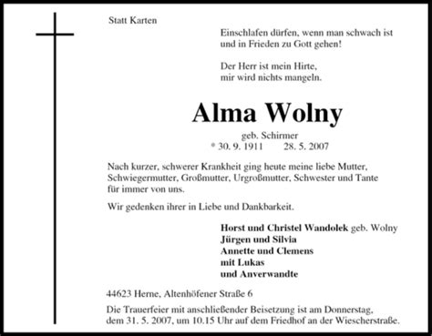 Traueranzeigen Von Alma Wolny Trauer In NRW De