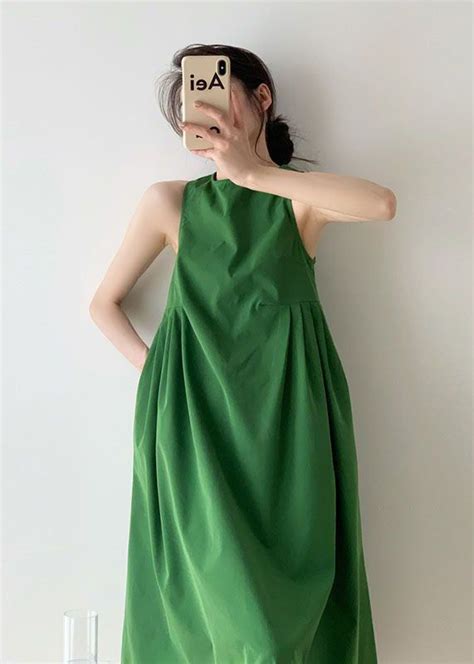 Italian Green O Neck Wrinkled Patchwork Cotton Dress Sleeveless Ww1004