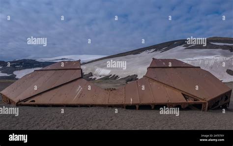 Ruined remains of a historical whaling station destroyed by a volcano eruption, Deception Island ...