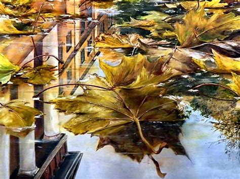 Puddle Reflection Leaves Art Autumn Puddle Painting Nature