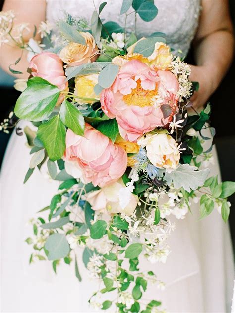 Cascading Bridal Bouquet With Coral Charm Peonies And Parrot Tulips