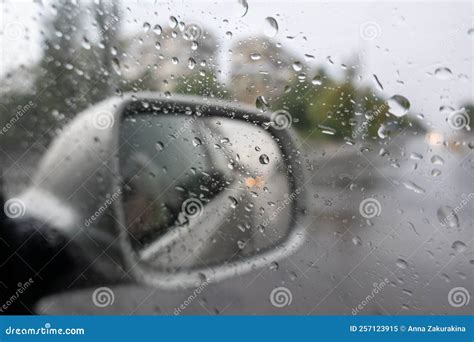 Bad Weather, Rainy Day, Rain Drops on Car Side Mirror Stock Image ...