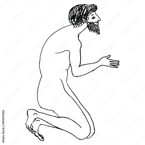 Kneeling Bearded Naked Ancient Greek Man Vase Painting Style Hand