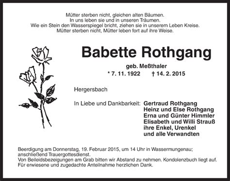 Traueranzeigen Von Babette Rothgang Trauer Flz De