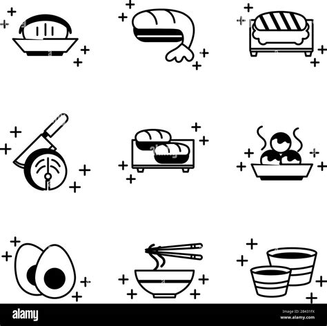 Sushi Oriental Menu Icons Set Vector Illustration Line Style Icon Stock