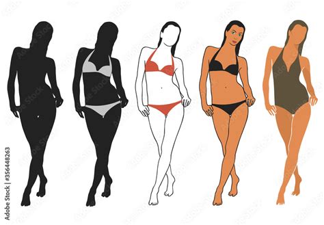 Vector Silhouettes Of Woman In Bikini Black And Color Style Icons Of