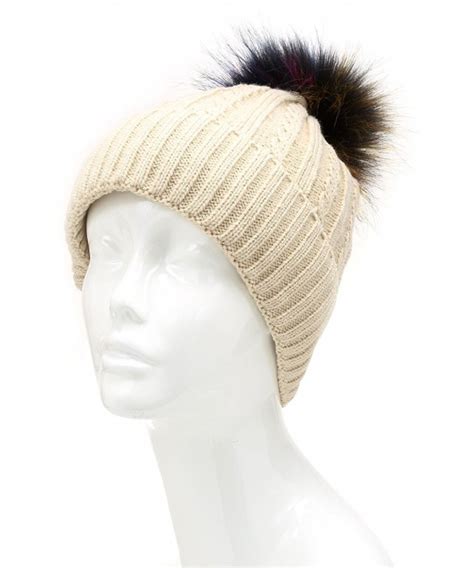 Winter Cable Knitted Faux Fur Multi Color Pom Pom Beanie Hat with Soft Fur Lining B.thin Cable ...