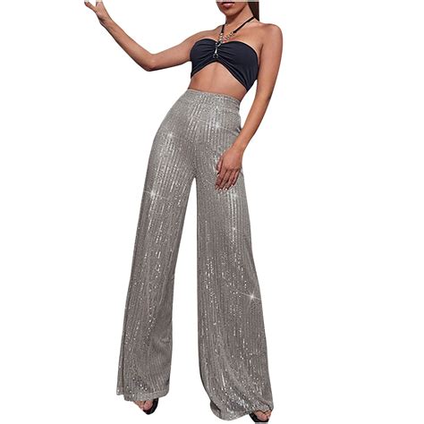 Akklian Sparkly Sequin Pants For Women Elegant High Waist Wide Leg