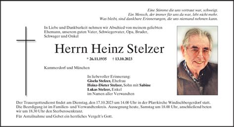 Traueranzeigen Von Heinz Stelzer Mittelbayerische Trauer