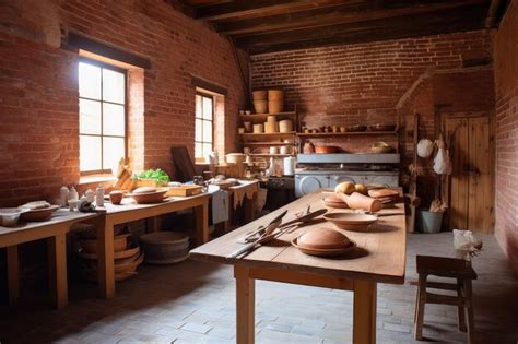 Premium Ai Image Culinary Workshop In Rustic Kitchen With Wooden Tables And Brick Walls