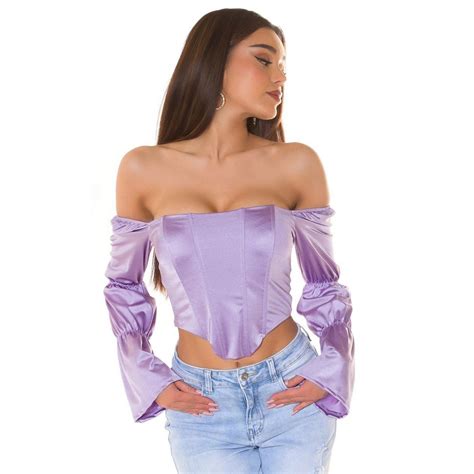 Top Dama Tip Corset Lila Din Satin Cu Maneca Lunga Si Umerii Goi