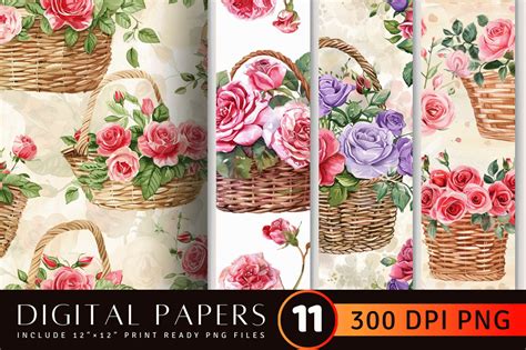 Watercolor Roses Baskets Digital Paper Gr Fico Por Stcrafts Creative