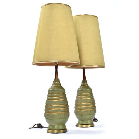 Pair of Mid-Century Modern Avocado Green and Gold Plasto Lamps with ...