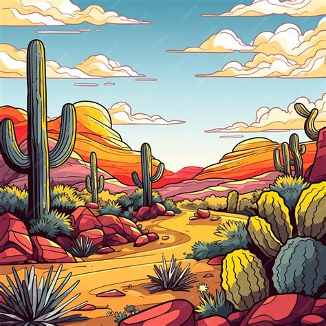 Una Escena Del Desierto De Dibujos Animados Con árboles De Cactus Y Rocas Generativa Ai Foto