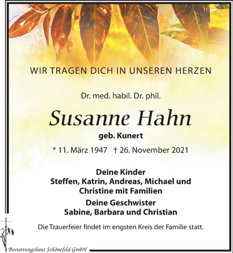 Traueranzeigen Von Susanne Hahn Trauer Anzeigen De