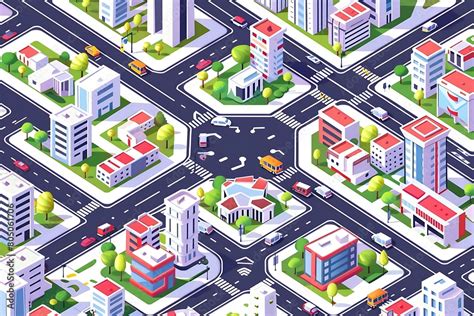 ภาพประกอบสตอก Flat isometric city road model vector 3d building Flat