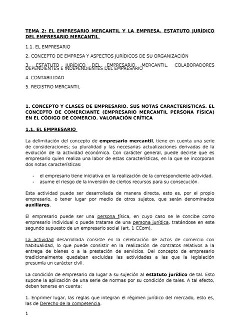 TEMA 2 Tema 2 De Derecho Mercantil I TEMA 2 EL EMPRESARIO