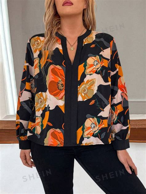 Emery Rose Women S Full Printed Notched V Neck Long Sleeve Shirt