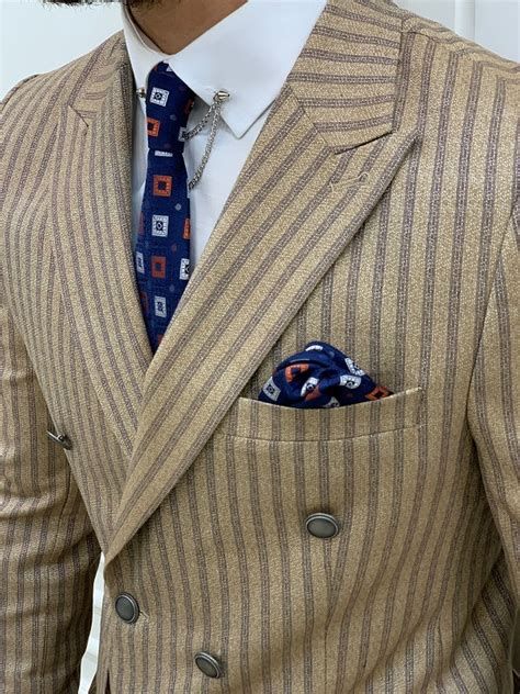 Brown Slim Fit Peak Lapel Double Breasted Striped Suit By Gentwith