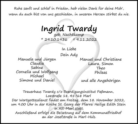 Traueranzeigen Von Ingrid Twardy Sich Erinnern De