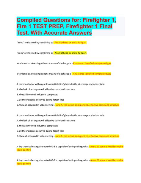 Compiled Questions For Firefighter 1 Fire 1 Test Prep Firefighter 1