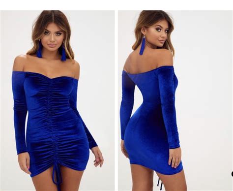 Blue Velvet Bardot Long Sleeve Ruched Bodycon Dress Bodycon Dress