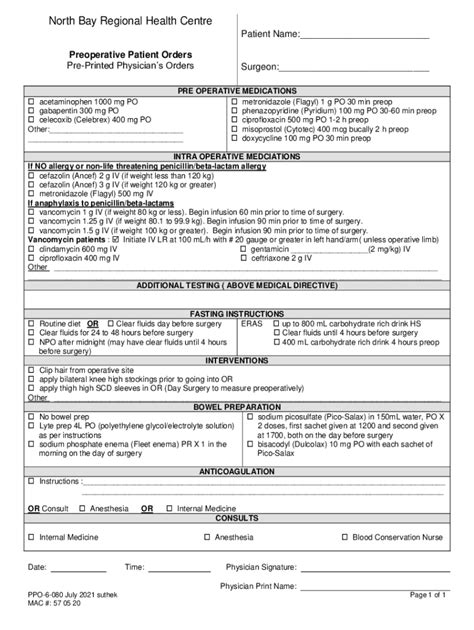 Fillable Online Nbrhc On Preoperative Patient Orders Fax Email Print