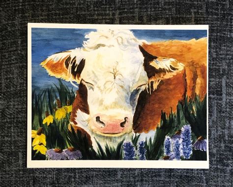 Cow watercolor print Hereford cow painting Farmhouse wall | Etsy