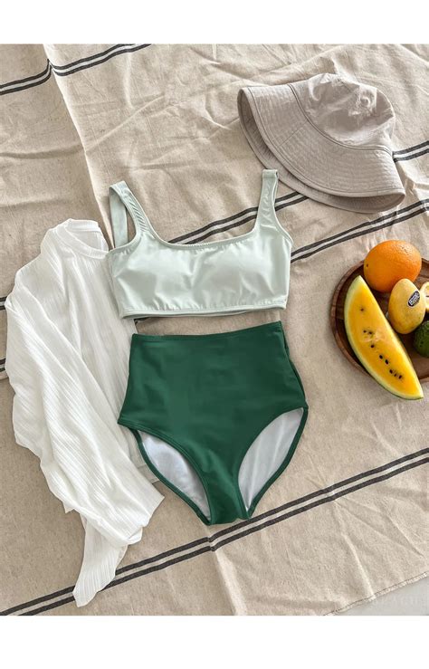 2022 Korean Nude Bikini High Waist Split Color Rotita Swimsuits For Women Conservatively Style