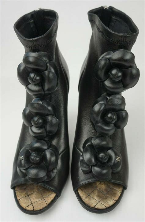 Chanel Black Leather Floral Applique Cc Peep Toe Boot Gem