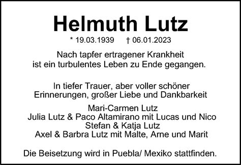 Traueranzeigen Von Helmuth Lutz Trauer De