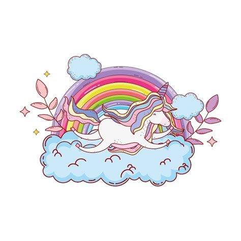 Lindo Unicornio Con Nubes Y Arcoiris Vector Premium