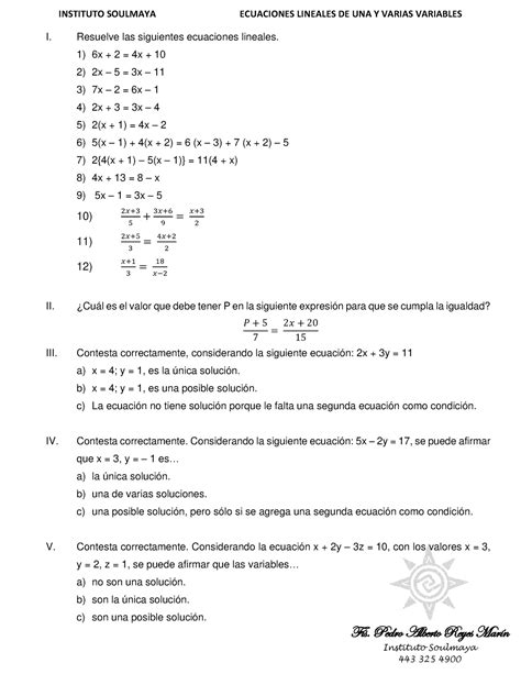 Ecuaciones Lineales Instituto Soulmaya Ecuaciones Lineales De Una Y