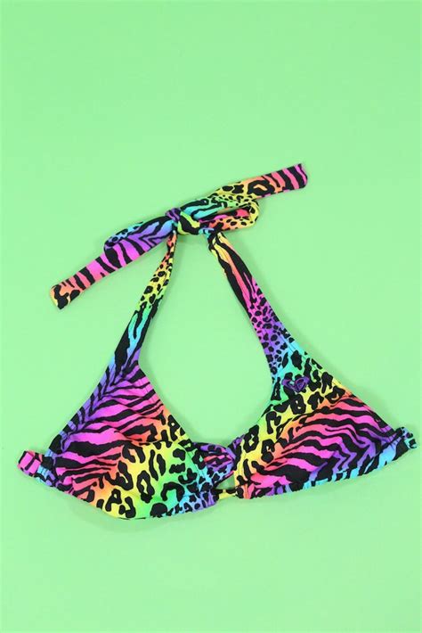 Vintage Womens Neon Leopard Print Bikini Top Pink S 21