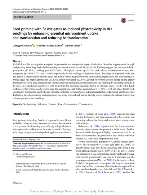 Seed Priming With Se Mitigates As Induced Phytotoxicity In Rice