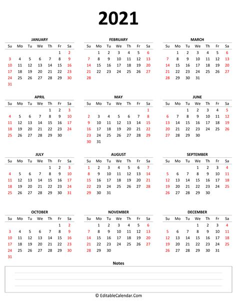 2021 Yearly Calendar with Notes (Portrait Orientation)