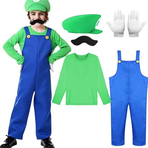 Déguisement Mario Enfants Costume de Héros Garçon Fille Mario Luigi