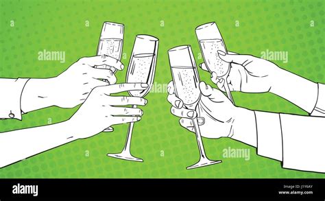 Sketched Hands Group Clinking Glass Of Champagne Wine Toasting Pop Art