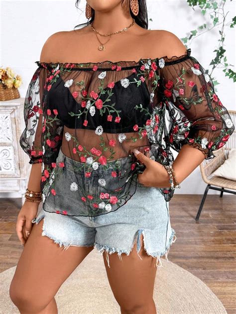 Shein Essnce Women Plus Size Vacation Leisure Flower Embroidery Mesh