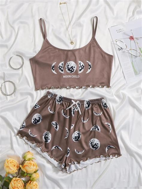 Moon Print Lettuce Trim Pajama Set Shein Usa