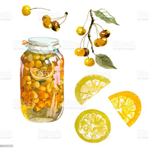 Watercolor Yellow Cherry Jam Pot And Berry Isolated On White Set Stock