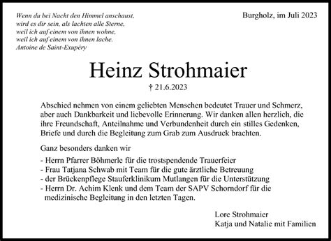 Traueranzeigen Von Heinz Strohmaier ZVW Trauer