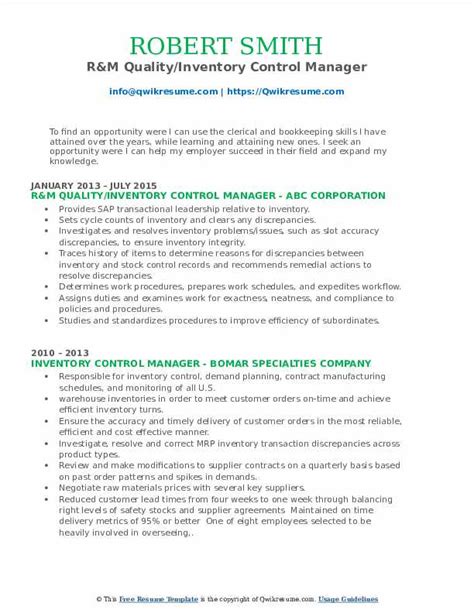 Inventory Control Manager Resume Samples QwikResume